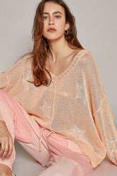 POL V-Neck Long Sleeve Star Print Knit Top Peach OutfitFlow
